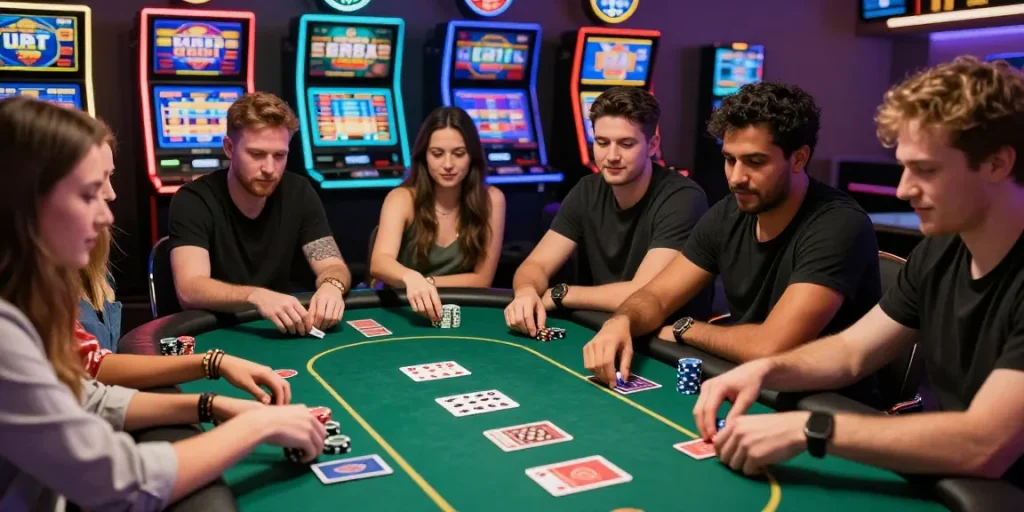 Friends enjoying an exciting LUCK8 poker game with vibrant lighting and engaging atmosphere.