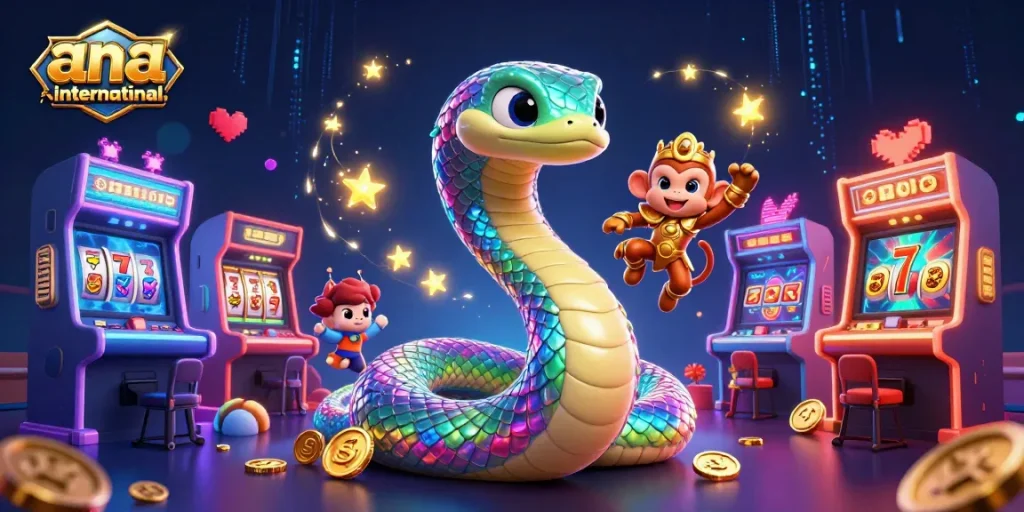 Experience the thrill of gambling at ana-international with a vibrant 3D scene including a rainbow serpent and casino elements.