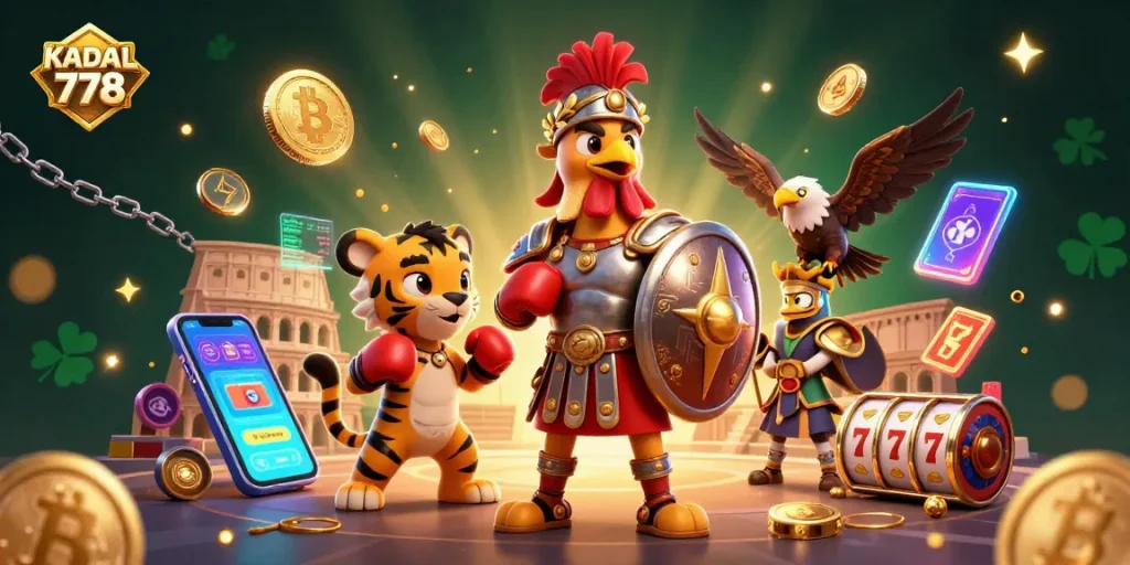 KADAL 778 brings excitement with a dynamic 3D illustration featuring a gladiator rooster, crypto elements, and vibrant casino imagery.