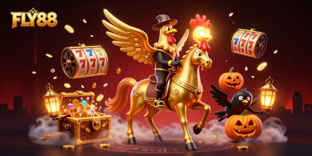 Engage in thrilling gaming adventures with FLY88's vibrant casino scene featuring a golden rooster and exciting slot machines.