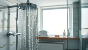 Experience elegant showers with a sleek, modern bathroom design featuring chrome fixtures and luxurious ambiance.