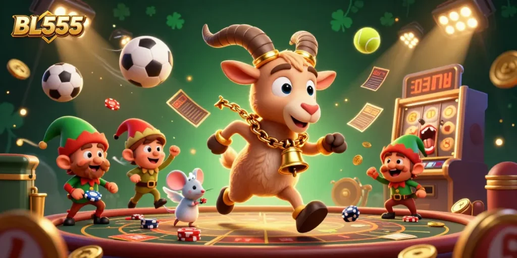 Experience exciting gameplay at BL555's casino with Krampus and whimsical characters stealing poker chips.