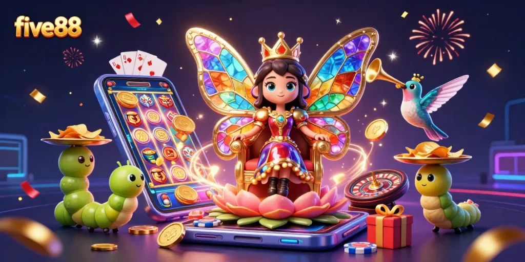 Play vibrant games at five88, featuring a butterfly queen and rich casino elements.