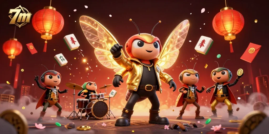 Experience the thrilling action of the 7m casino scene with buzzing characters and vibrant game elements.