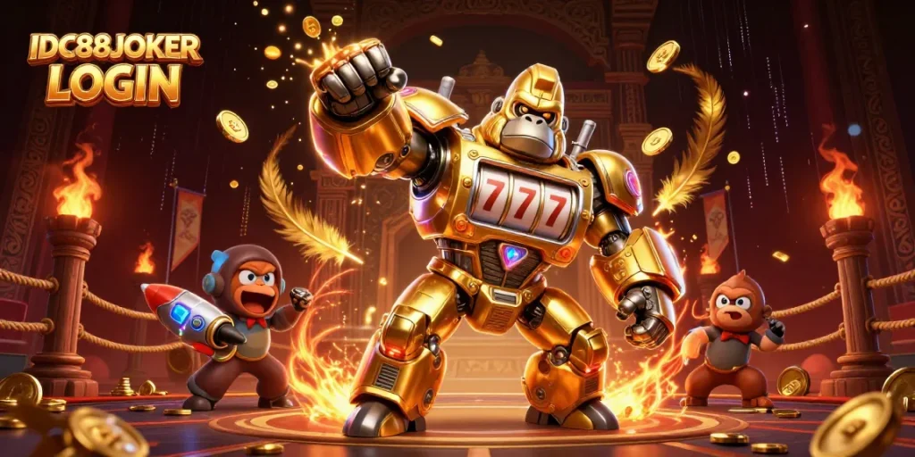 Play with excitement in IDC88JOKER LOGIN, features a dynamic golden gorilla mech and thrilling game elements.