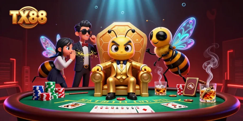 TX88 casino action featuring a bumblebee mob boss and poker chips in a vibrant scene