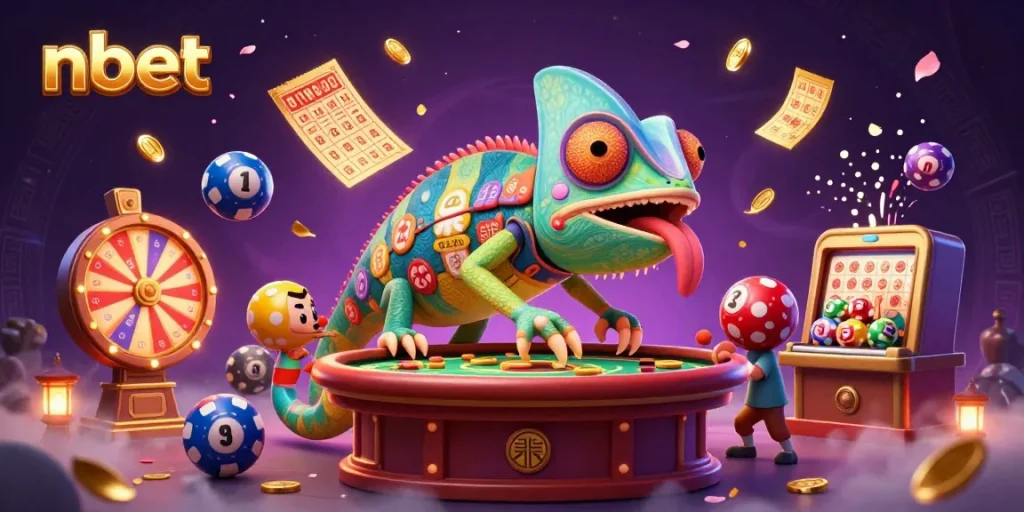 Experience vibrant jackpot excitement at nbet with colorful lottery elements and a dynamic chameleon.