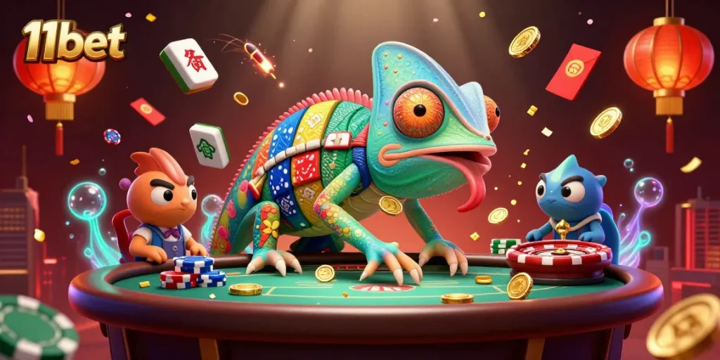 Engage with the vibrant 11bet casino scene, featuring a chameleon amidst dynamic game elements.