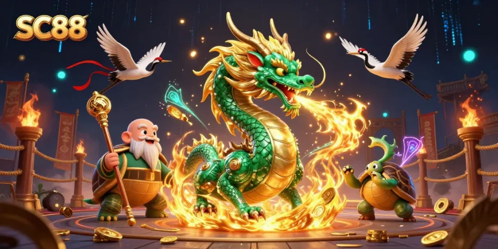 SC88 captivating online casino illustration featuring a jade dragon and lucky cranes