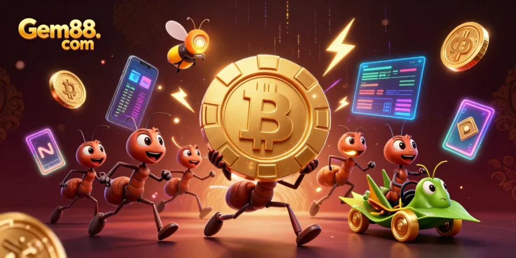 Engage with stunning gaming action at Gem88. com featuring vibrant 3D ants and crypto elements.