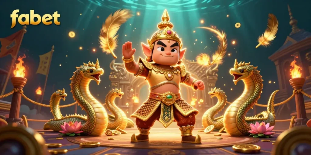 Immerse in excitement with fabet's 3D cartoon guardian amidst golden casino treasures.