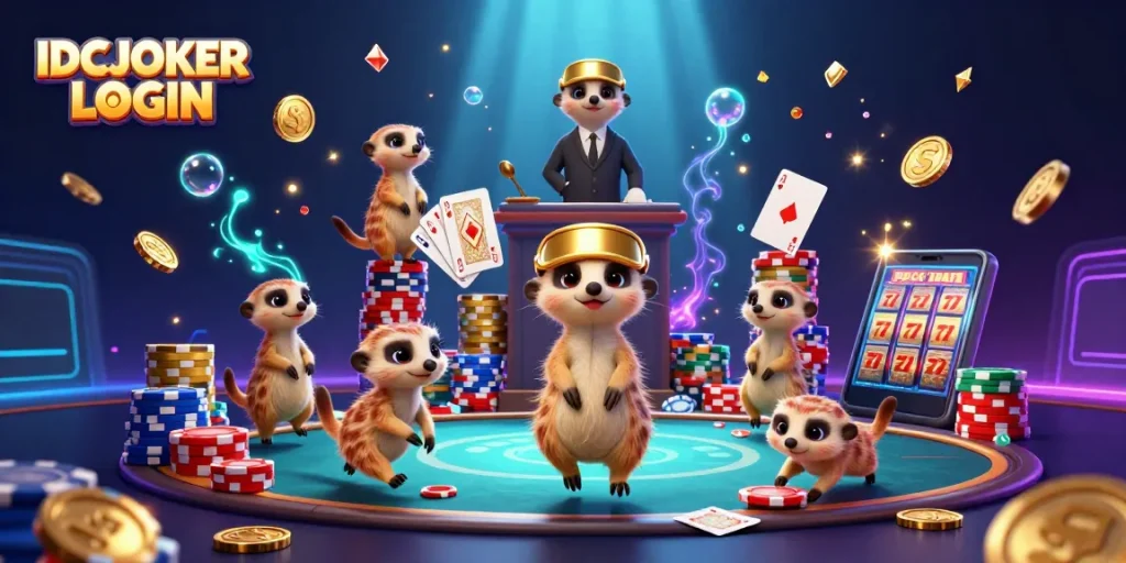 Experience the excitement of IDCJOKER LOGIN featuring lively meerkats in an animated casino.