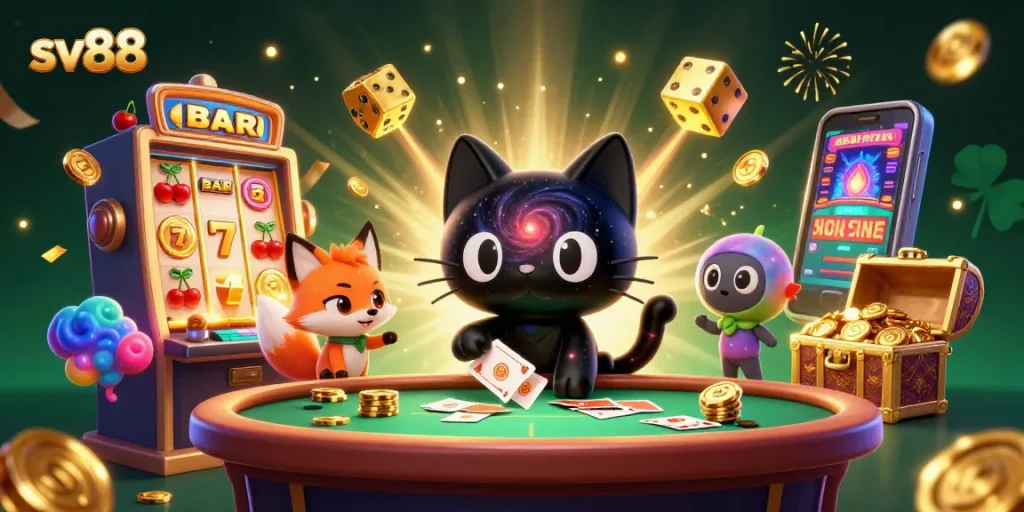 Experience thrilling sv88 gameplay with a cosmic black hole cat at a vibrant casino.
