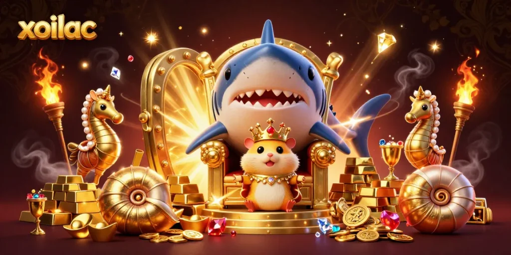 Xoilac casino illustration featuring a golden hamster king with royal guards amidst jewels and treasures