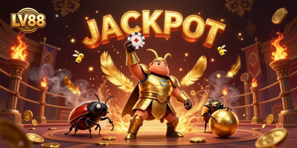 Experience LV88's thrilling victory scene with a beetle in armor lifting a poker chip amidst a vibrant casino atmosphere.