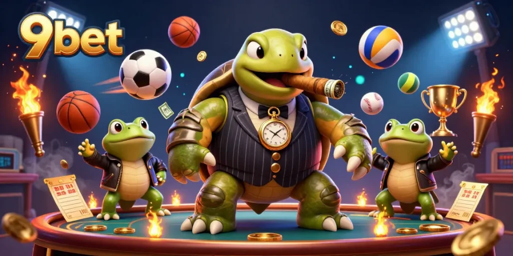 Engage with 9bet's vibrant atmosphere as a snapping turtle in a mobster suit oversees lively sports betting.