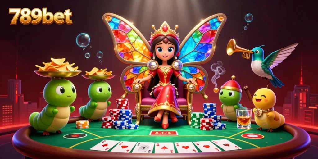 Experience the thrill of poker with 789bet, featuring a fantastical butterfly queen in an opulent casino.