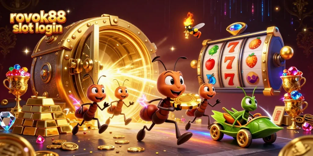 Engage with rokok88 slot login, where ants execute a heist on giant slots bursting with treasures.