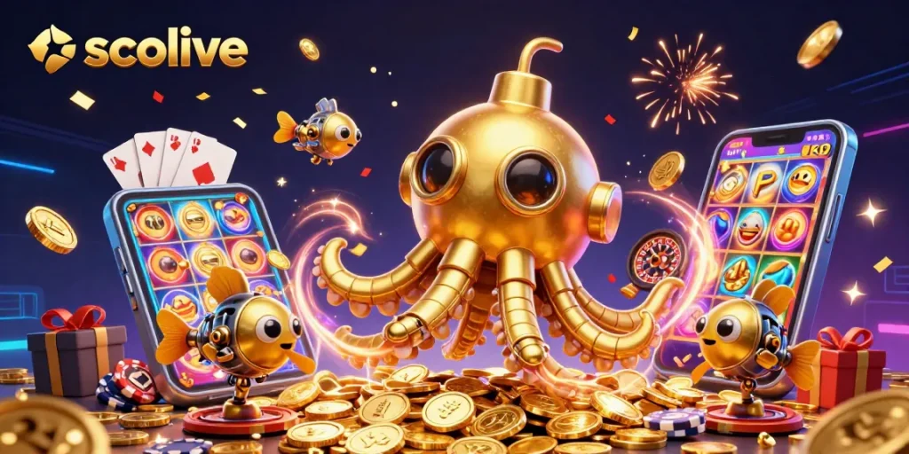 Socolive showcases a vibrant scene with a golden kraken submarine amidst a wealth of golden coins evoking excitement in gambling.