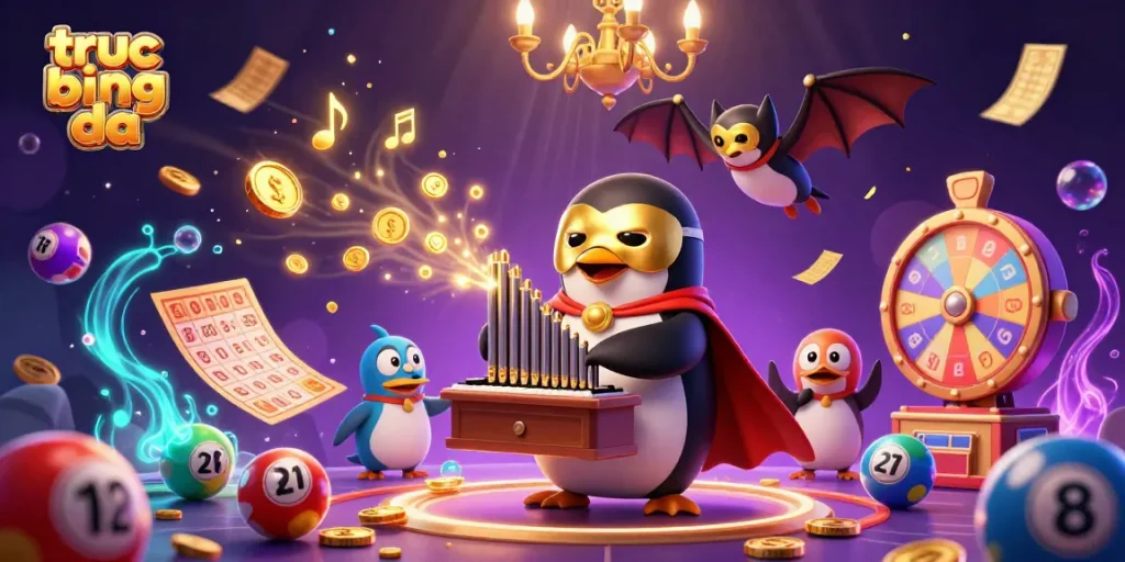 Experience the excitement of truc tiep bong da with a vibrant 3D design featuring a penguin and dynamic casino elements.