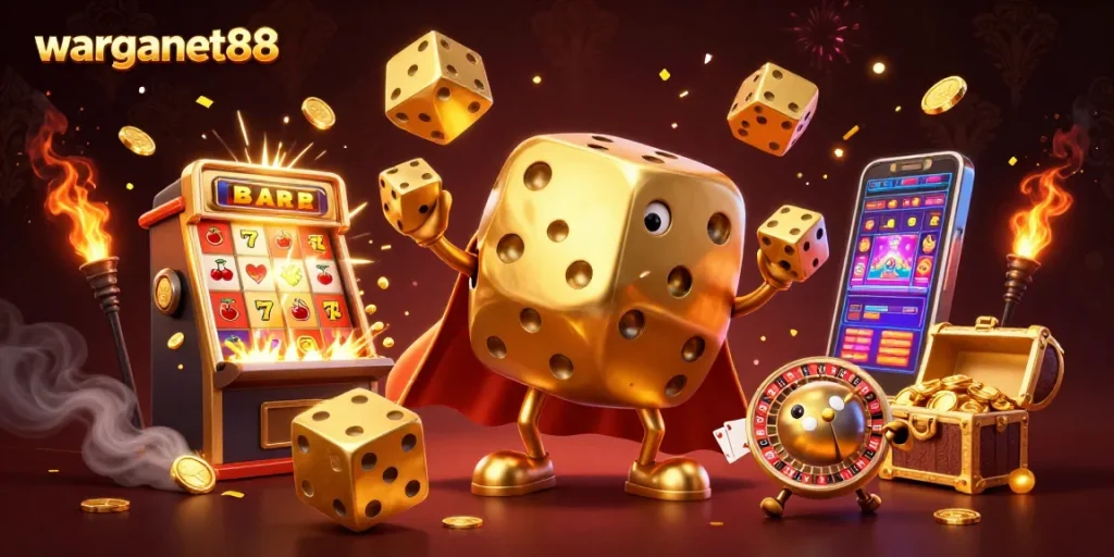 Experience thrilling gameplay at warganet88 with a vibrant 3D illustration of casino excitement.