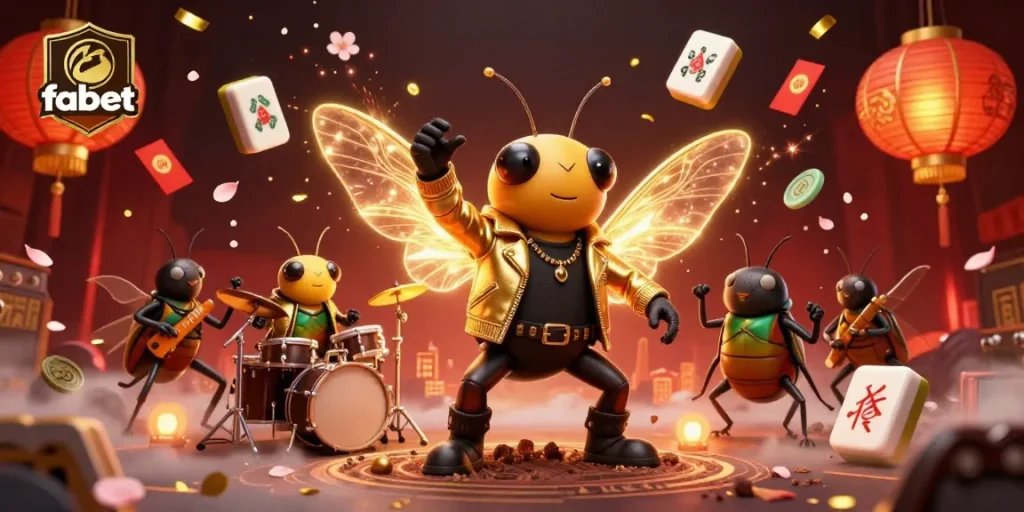 Experience fabet's thrilling atmosphere with a cartoon cicada rock star and vibrant gaming elements.