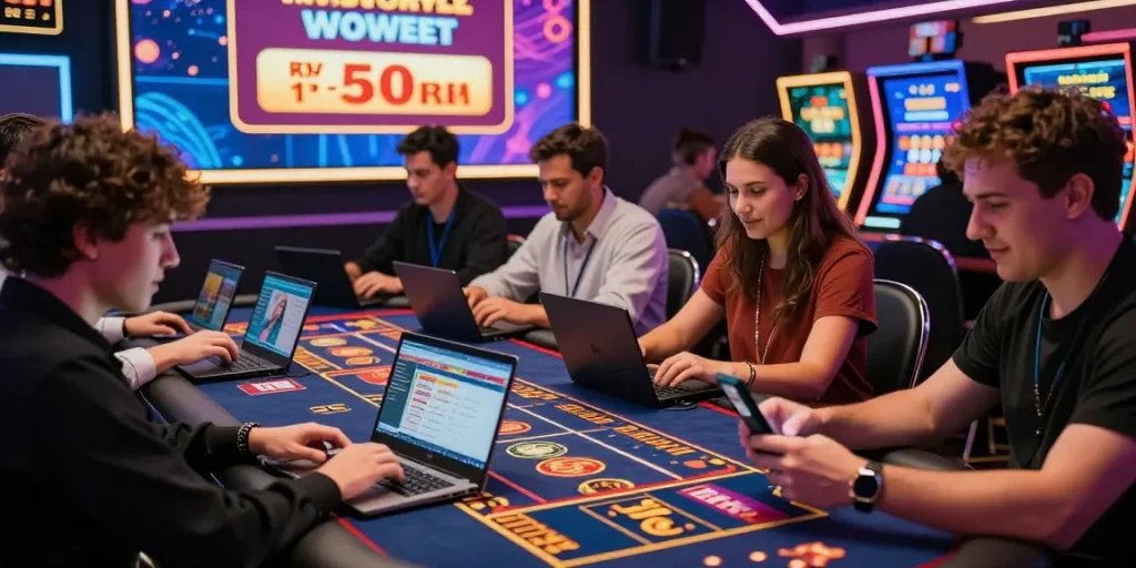 Exciting gameplay at credit card casinos at https://fimltd.co.uk, featuring diverse players enjoying various games in a vibrant online casino atmosphere.