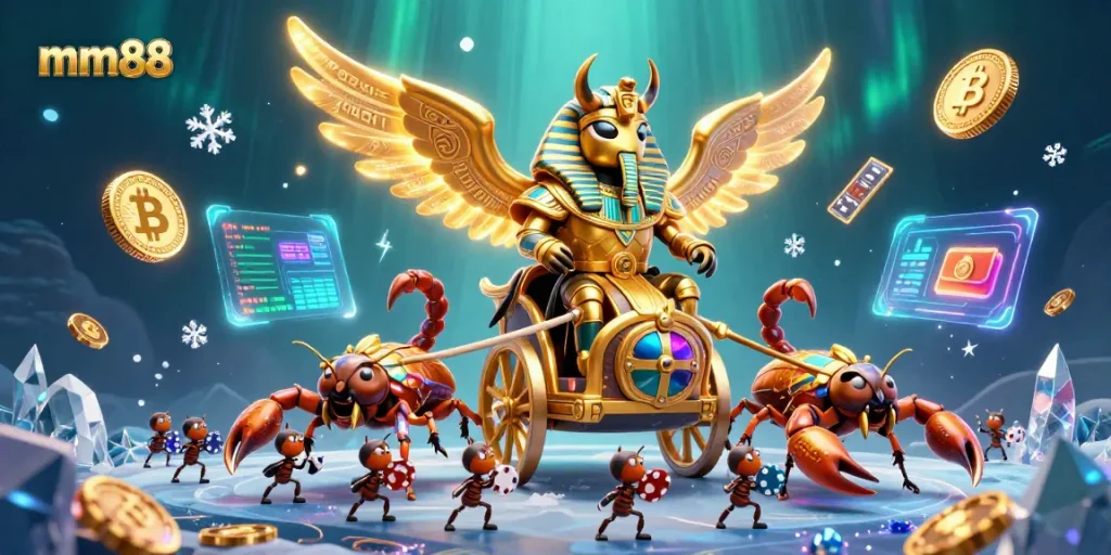 Experience thrilling wins with mm88's captivating 3D gaming scene featuring unique casino characters.