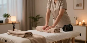 동탄출장안마 service setup in a tranquil home massage environment with essential oils and soothing decor.
