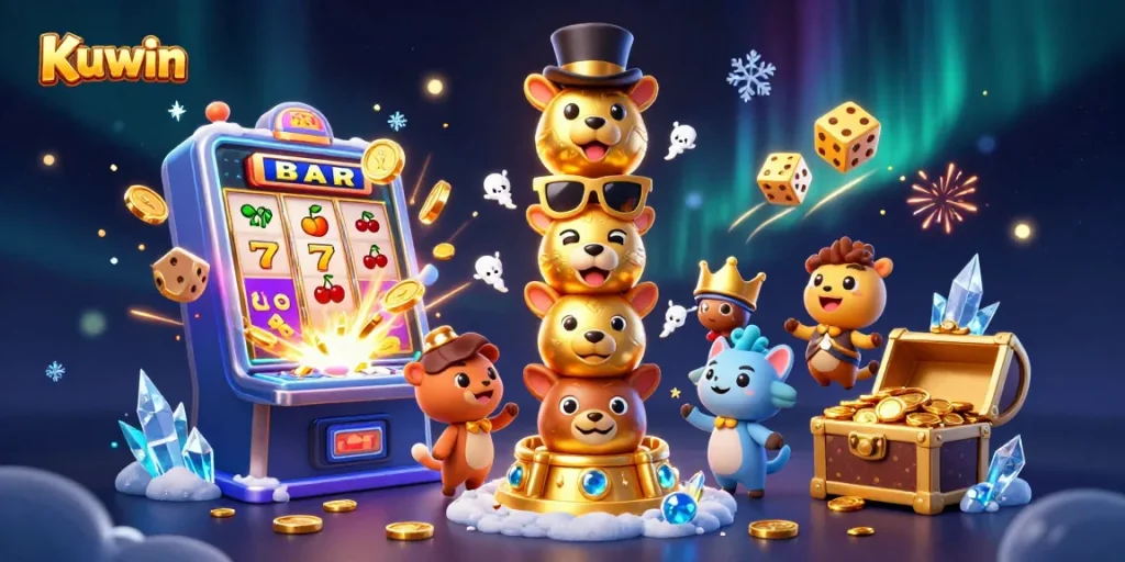 Kuwin engages players with dynamic casino excitement, showcasing a lively 3D illustration of a golden totem with various game elements.