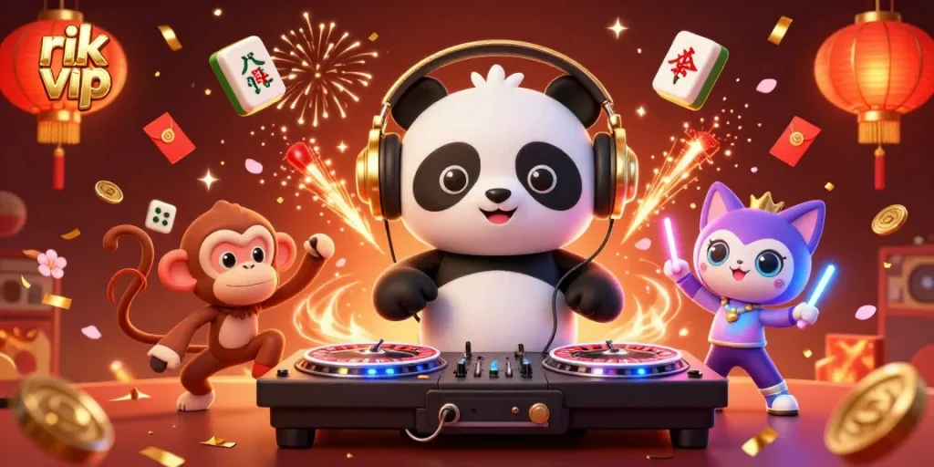 Experience winning at rik vip with a lively 3D casino scene featuring lively characters and festive decorations.